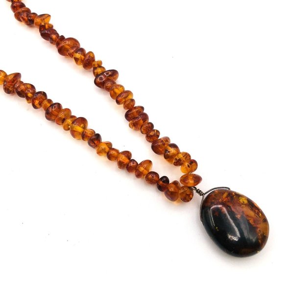 Vintage Baltic Amber Bead Necklace Sterling Silver 925 Oval Pendant Necklace - Picture 3 of 9